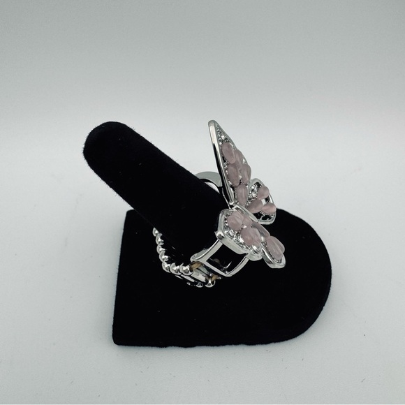 PINK Butterfly Rhinestone Ring Silver Tone Size Adjustable Stretch Bug Insect - Picture 2 of 8
